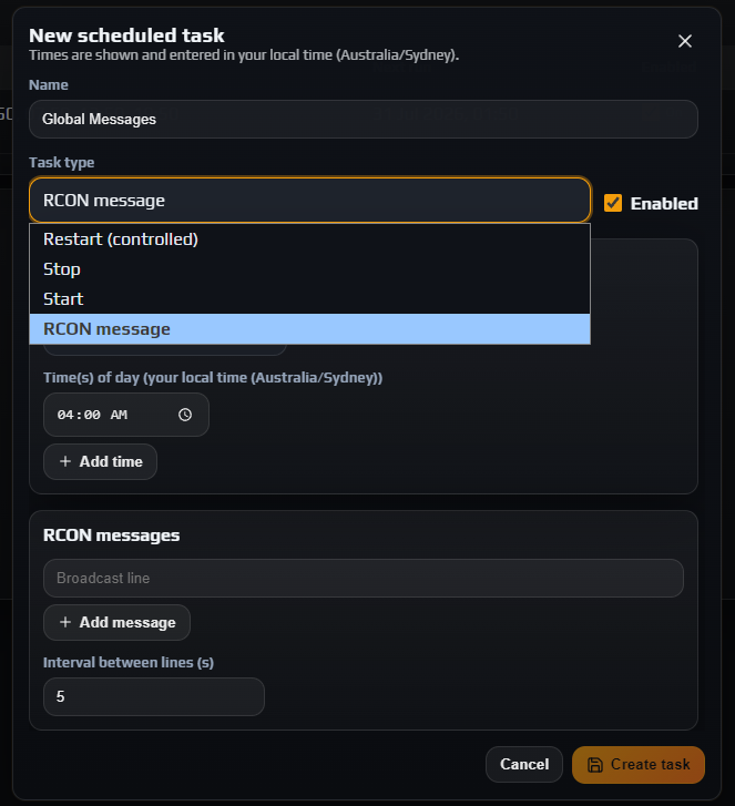 New scheduled task panel with Name, the Task type dropdown open on Restart (controlled), and the Enabled checkbox