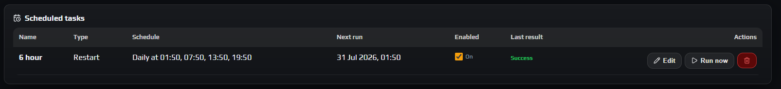 Scheduled tasks table with a Success result on one task, a Skipped result on another and the Run now button in the Actions column