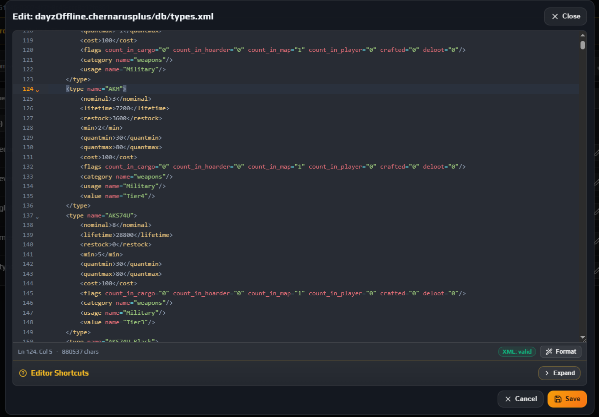 types.xml open in the panel editor with line numbers and an XML: valid status pill