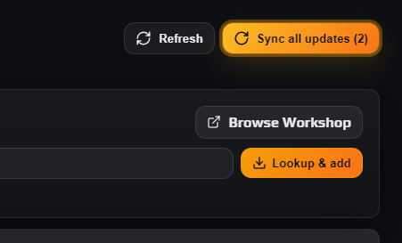 Mod row with an Update available pill and an Update button, beside the Sync all updates header button