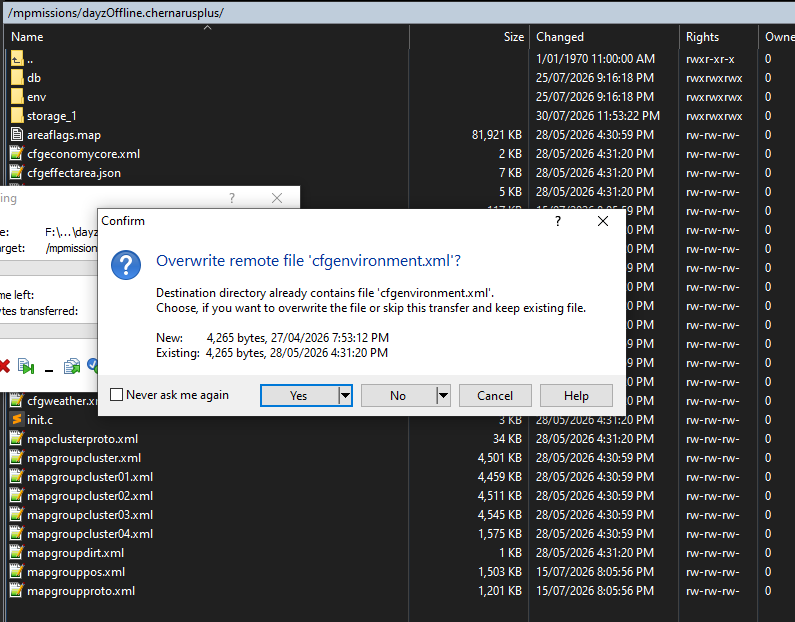 SFTP client uploading a saved storage folder into mpmissions with an overwrite confirmation dialog showing