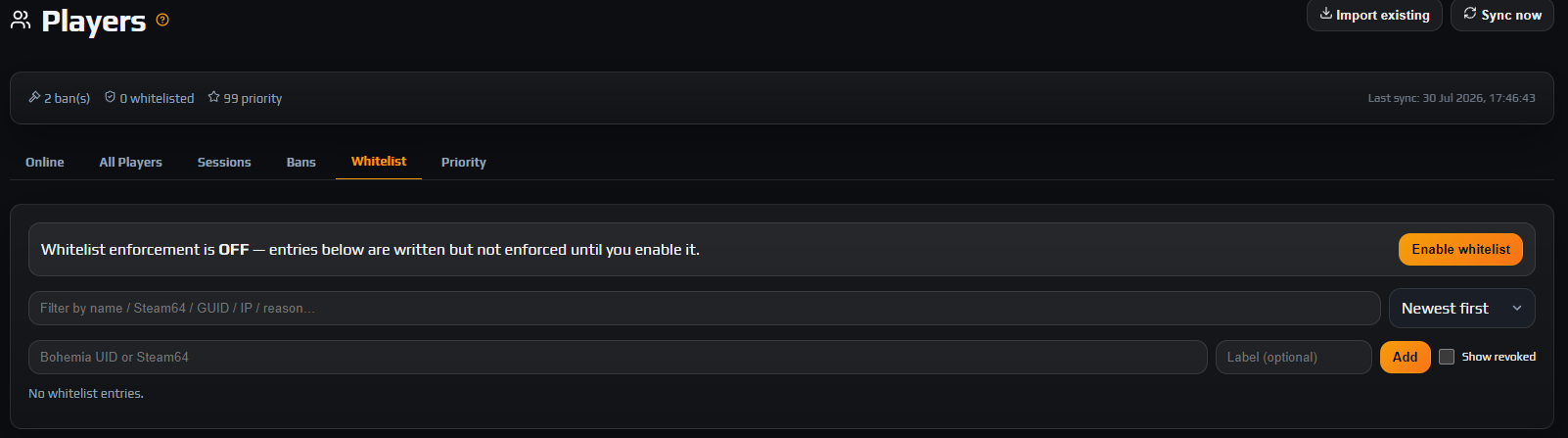 Whitelist tab with the enforcement banner reading OFF, an Enable whitelist button, and the Bohemia UID or Steam64 add field above existing entries