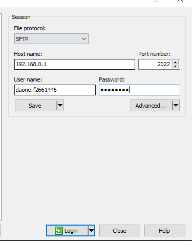 WinSCP Login dialog with File protocol SFTP, port 2022 and a per-instance username filled in