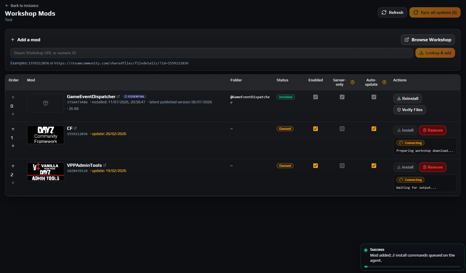 Workshop Mods tab listing Community Framework above VPP Admin Tools with server-only unchecked