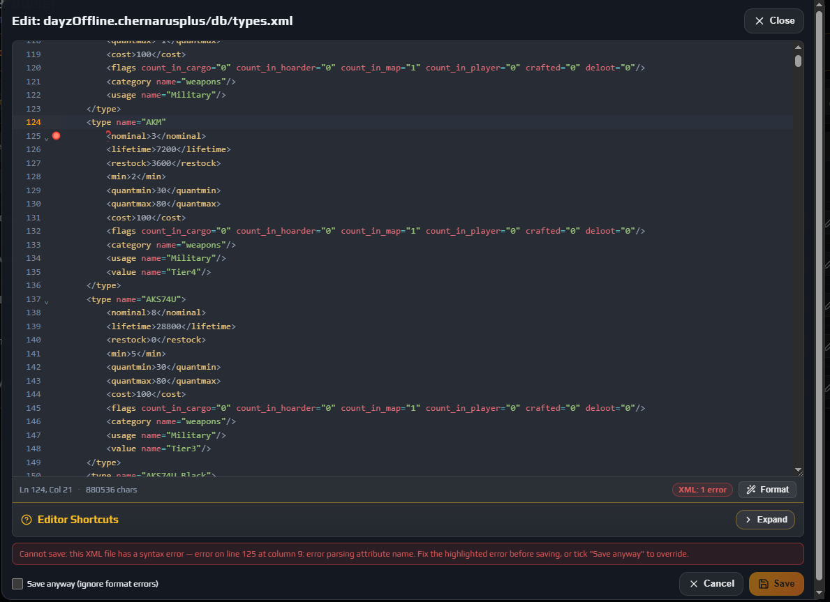 Editor showing a red XML error banner, an error marker in the lint gutter and a disabled Save button