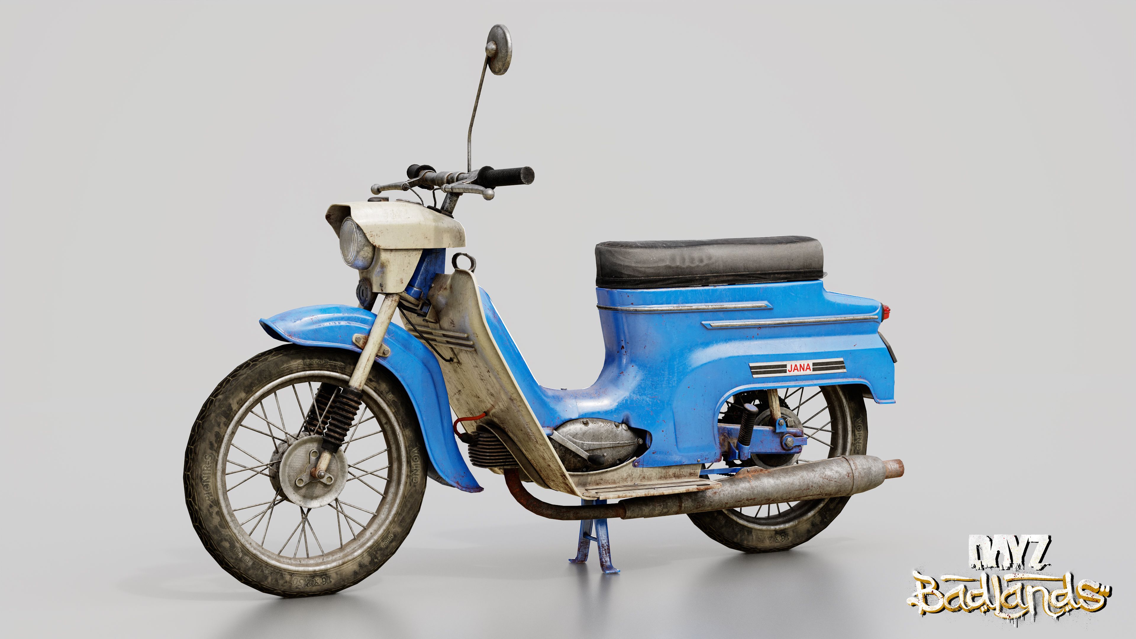 Texturing pass on the Jana moped showing rust, dirt and oil staining