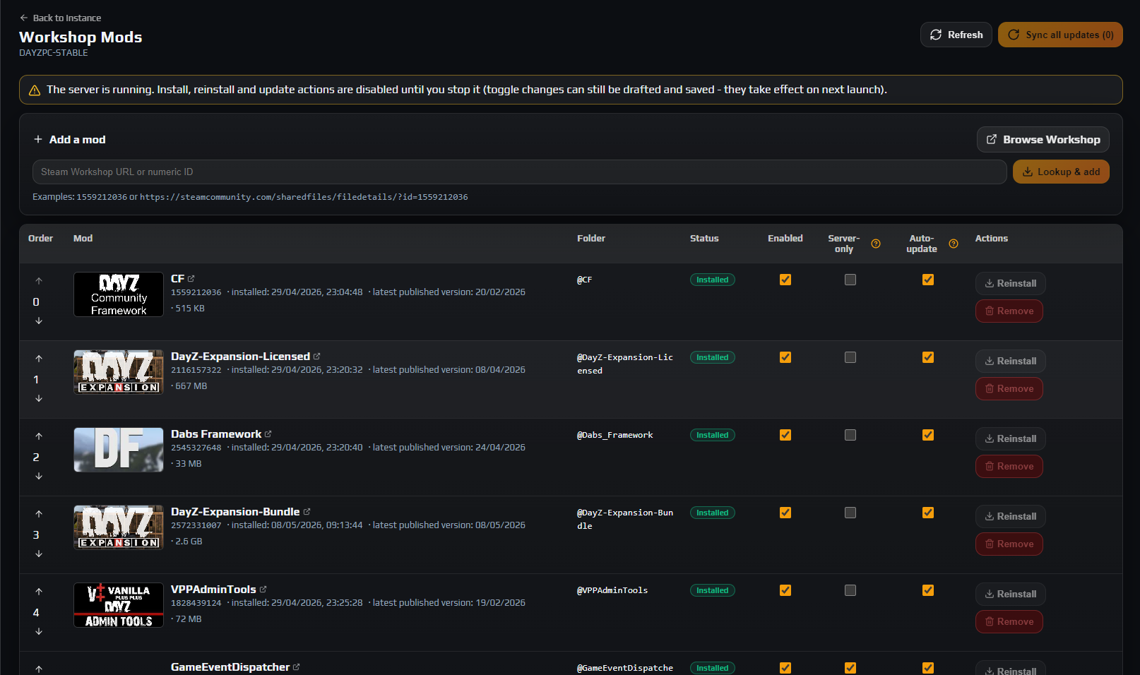 DayZ workshop mod manager